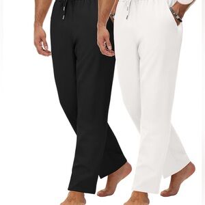 Brand New In Package 2 Pair Mens Linen Pants Ivory White & Black Pull on Size XL